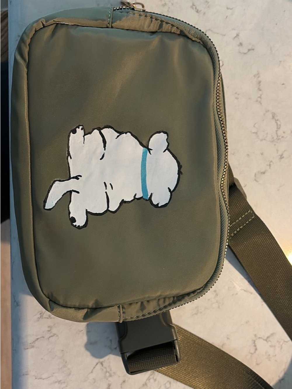 Olive Green Dog Crossbody Pouch with Playful White Pup Graphic